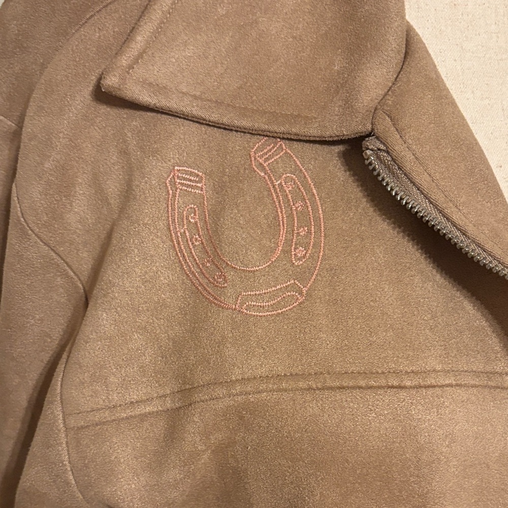 Le Lis Boutique Suede Jacket with Western Stitch Details-Tan & Pink Size Medium - Picture 3 of 11